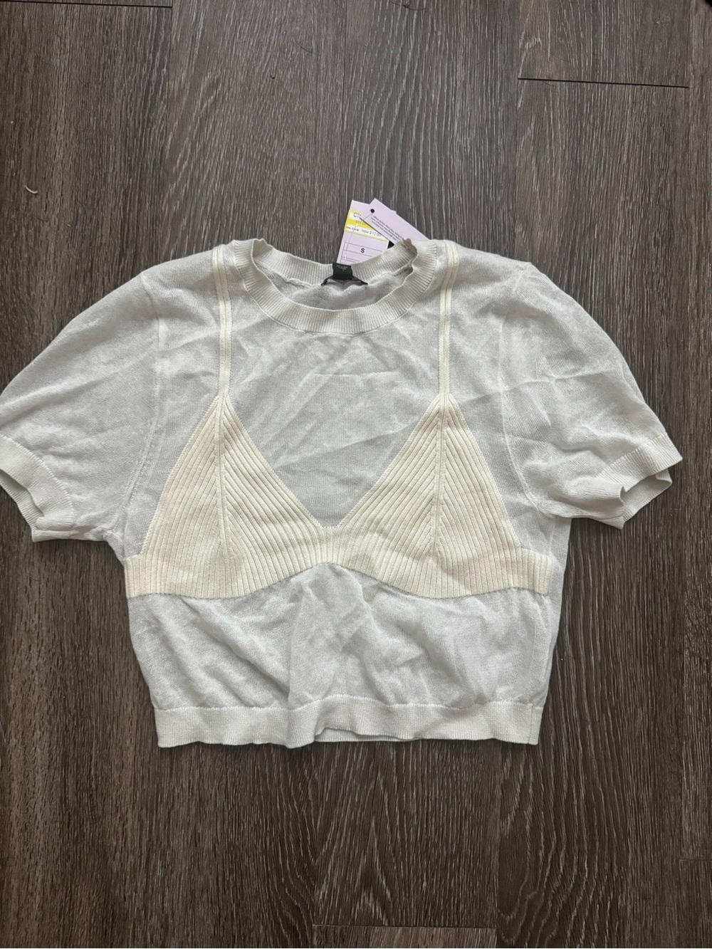 Sheer Knit Crop Top with Ribbed Bralette Detail